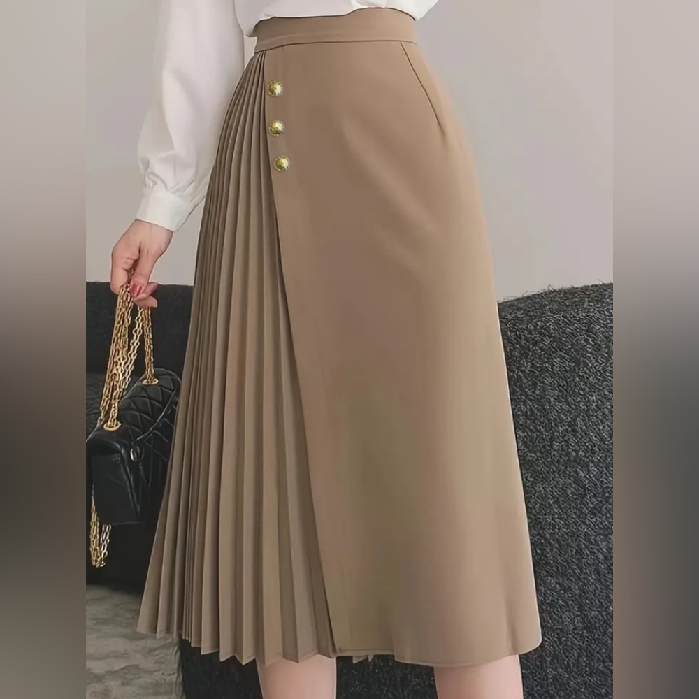 Elegant Tan Pleated Skirt khaki Highwaisted Pleated Size XL
